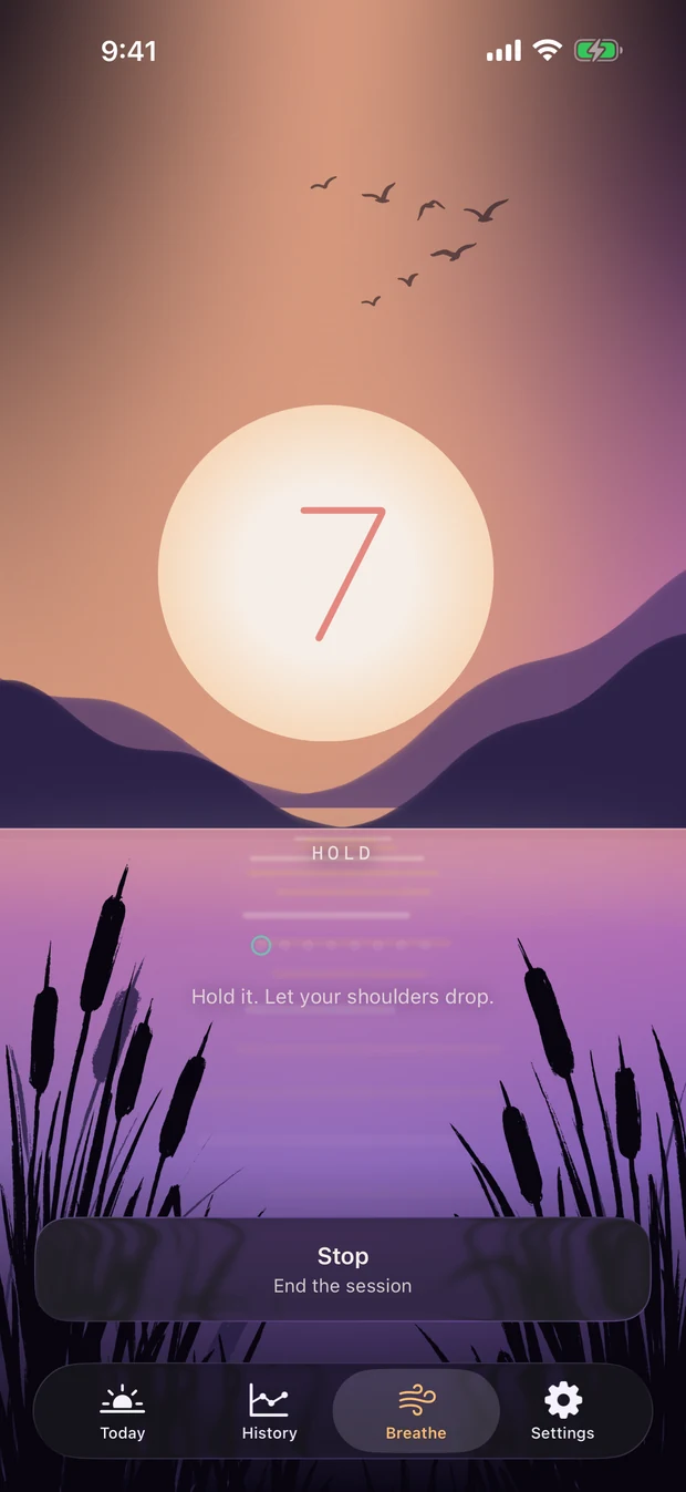 The Slowpulse breathing pacer on iPhone: a dawn sky over water, the sun holding the count of seven, and the word HOLD.
