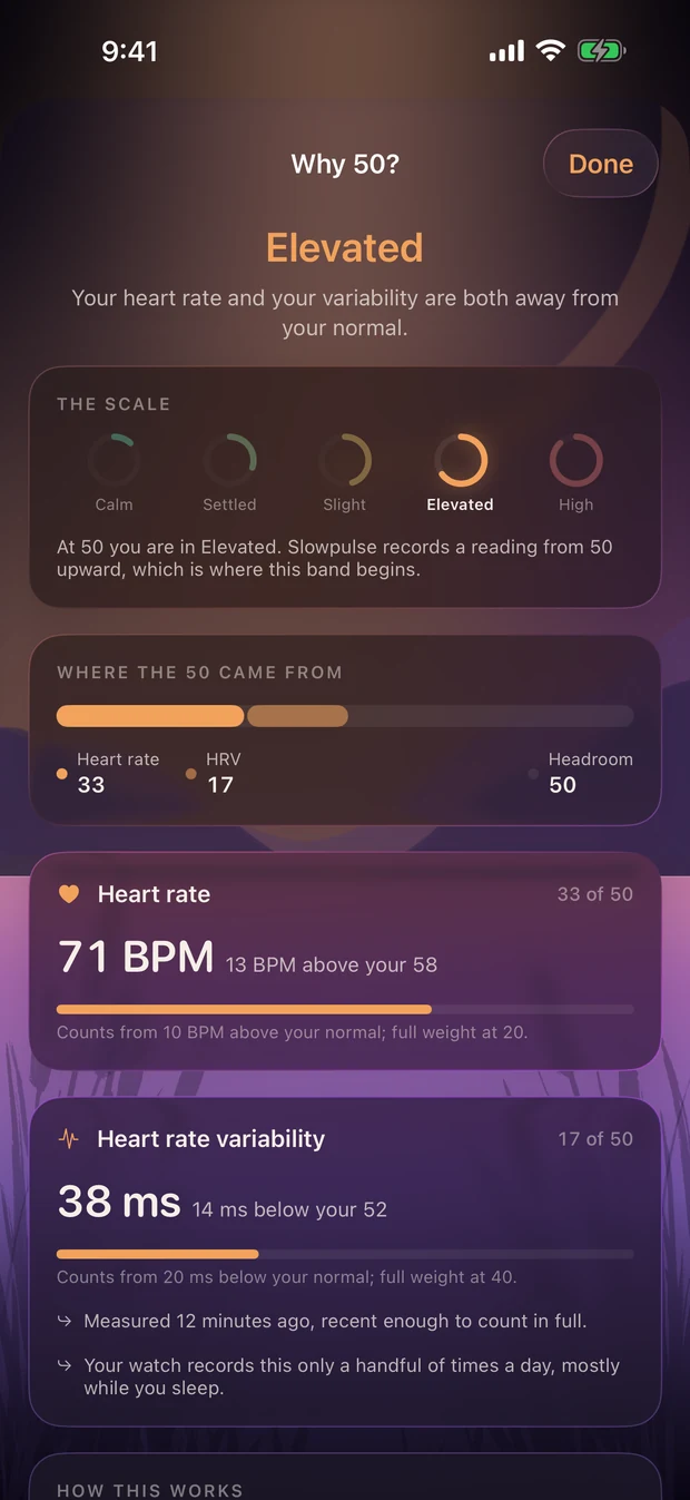 The Slowpulse score explainer, breaking a score of 50 into 33 points from heart rate and 17 from heart rate variability.