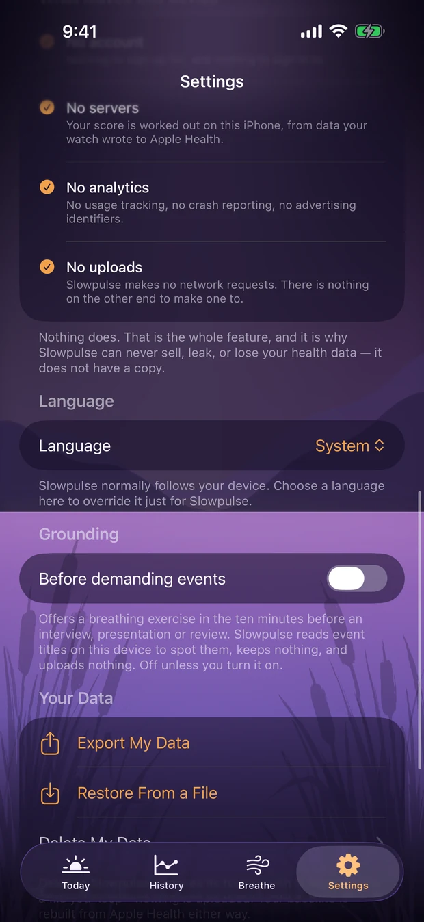 Slowpulse Settings listing what leaves the device — no servers, no analytics, no uploads — above the language picker and the export controls.