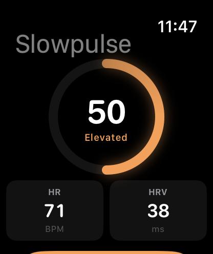Slowpulse on Apple Watch showing a stress score of 50, marked Elevated.